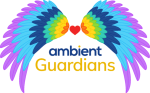 The ambient guardians logo. It reads 'ambient guardians' and features multi-coloured rainbow wings and a red heart in the centre